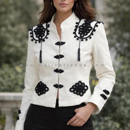 Chaqueta Torera Negra Bordada Flamenca blanca