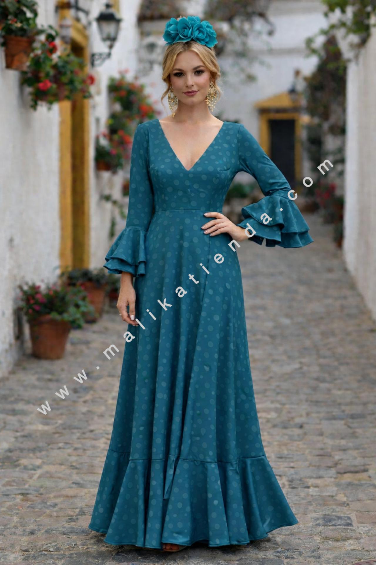 Bata Rociera de Lunares con Escote en V y Tejido Elástico Verde petróleo