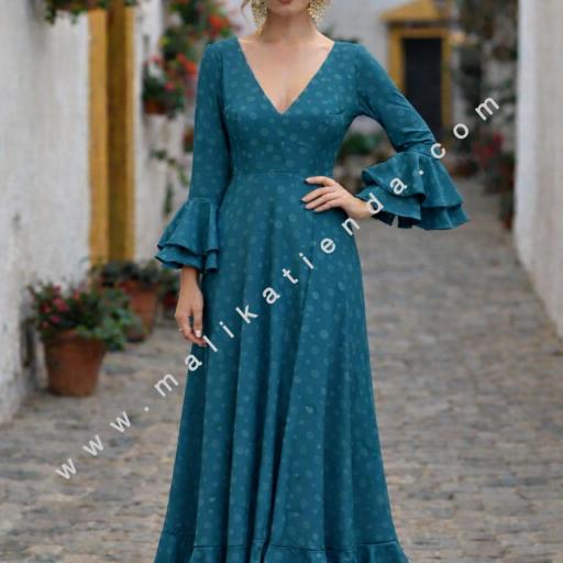 Bata Rociera de Lunares con Escote en V y Tejido Elástico Verde petróleo 