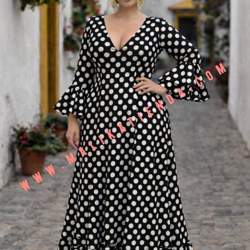 Vestido Bata Rociera Mujer Manga Talla Grande Negro