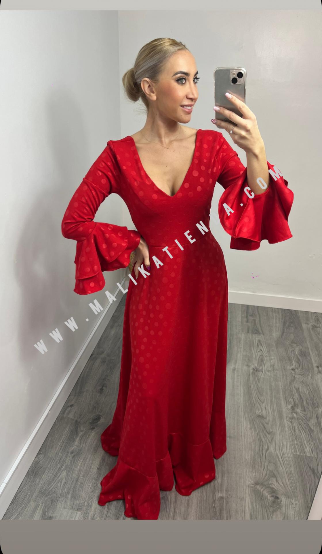 Bata Rociera de Lunares con Escote en V y Tejido Elástico Rojo