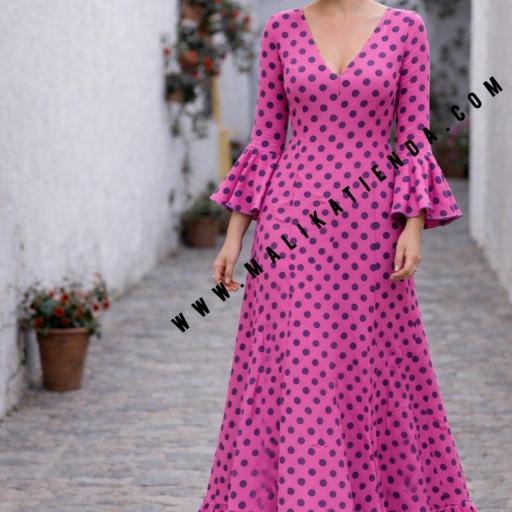 Bata Rociera de Lunares con Escote en V y Tejido Elástico SEÚL Fucsia