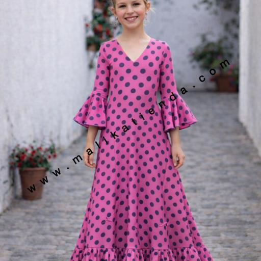 Bata Rociera  Niña de Lunares con Escote en V y Tejido Elástico SEÚL Fucsia