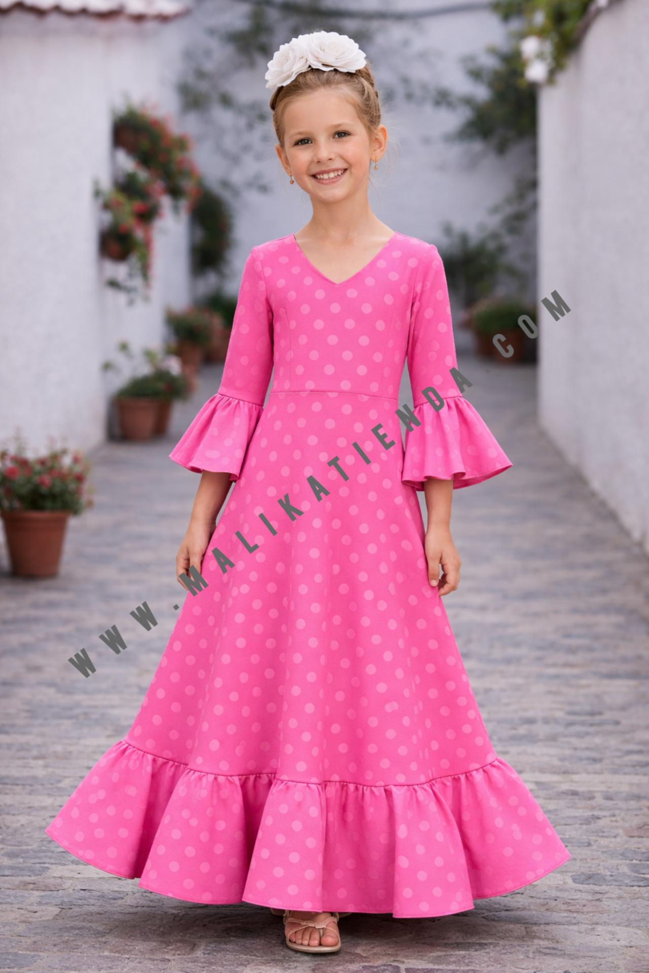 Bata Rociera Niña de Lunares con Escote en V y Tejido Elástico Marea