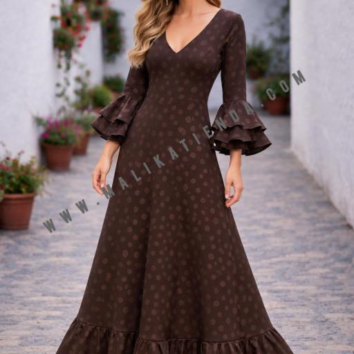 Bata Rociera de Lunares con Escote en V y Tejido Elástico Marrón 