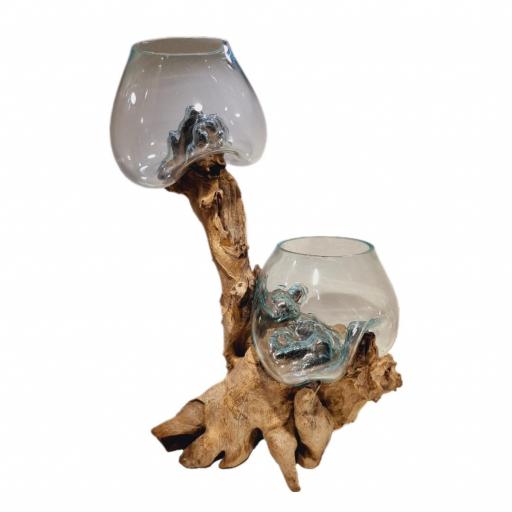 Jarrón de cristal doble con Raíz de madera