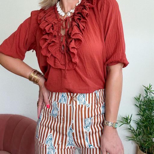 Blusa folhos telha [0]