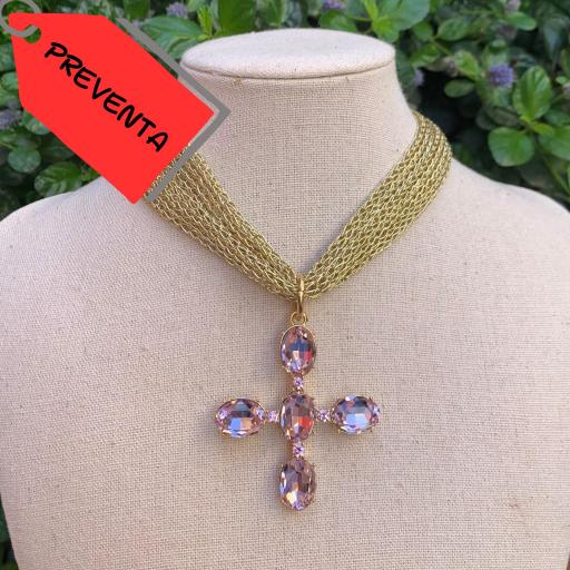 *PREVENTA Collar choker dorado cruz Mónaco redondeada rosa