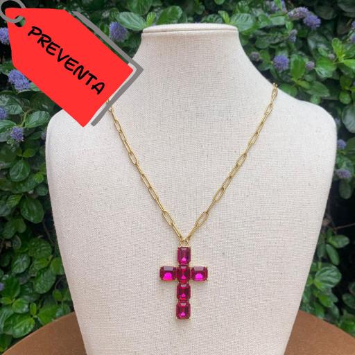 *PREVENTA Collar cadena de acero cruz latina fucsia