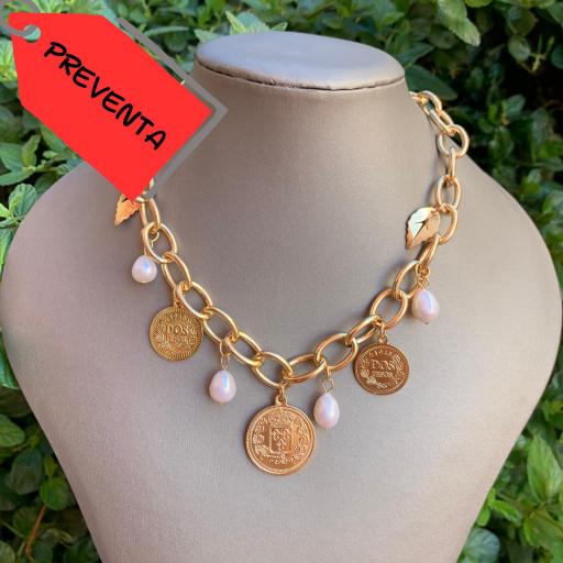 *PREVENTA Collar cadena acero dorada con monedas y perlas