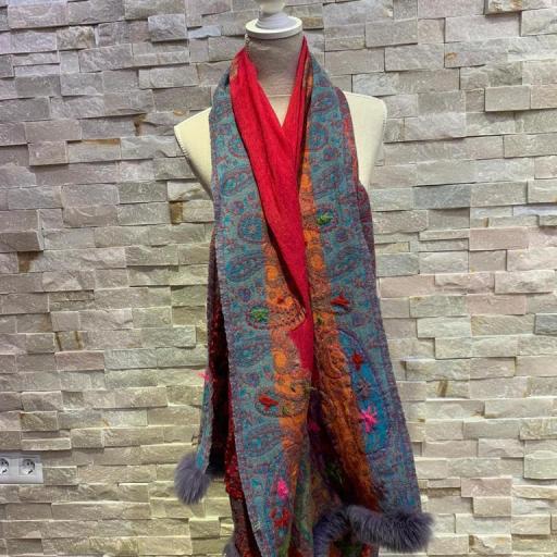 Bufanda cashmere  multicolor con tira gris de pelo natural [1]