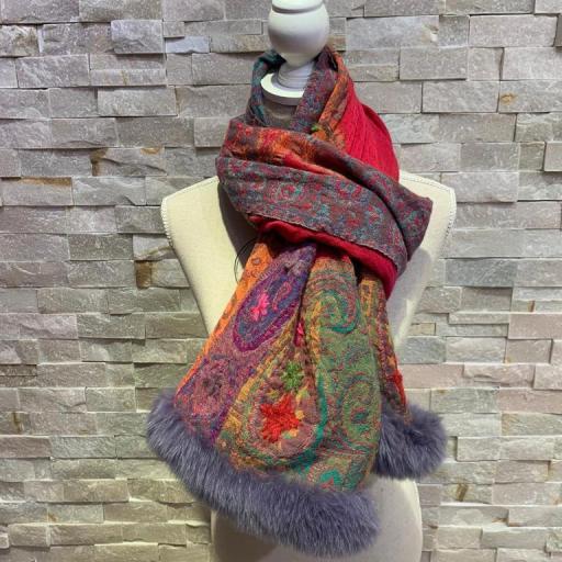 Bufanda cashmere  multicolor con tira gris de pelo natural [2]