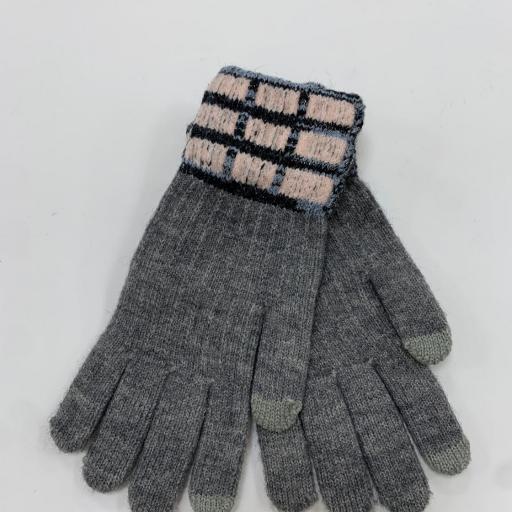 Guantes de punto gris con puño de cuadros rosas [0]