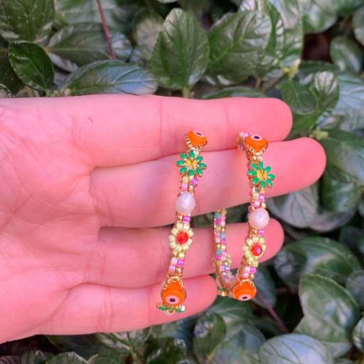 Pendientes Hypnochic aros grandes ojos naranjas, perlas y flor verde [0]