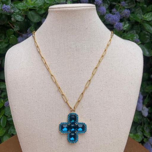 Collar cadena de acero cruz griega pequeña azul [0]