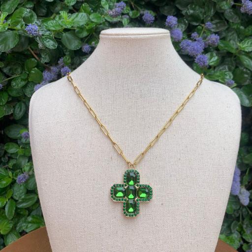 Collar cadena de acero cruz griega pequeña verde [0]