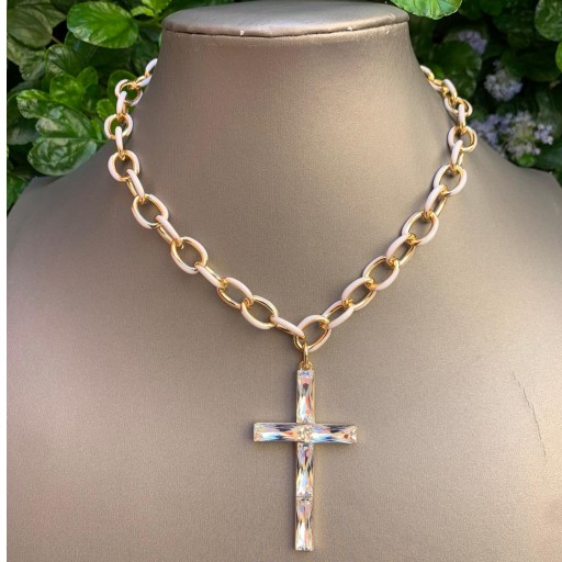 Collar cadena de acero esmaltada en blanco y cruz de Swarovski blanco 