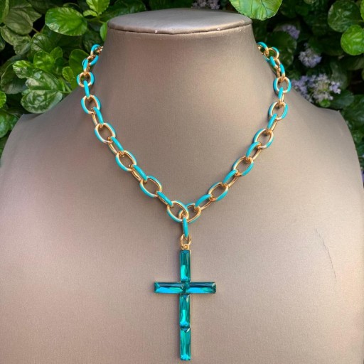 Collar cadena de acero esmaltada en azul y cruz de Swarovski azul