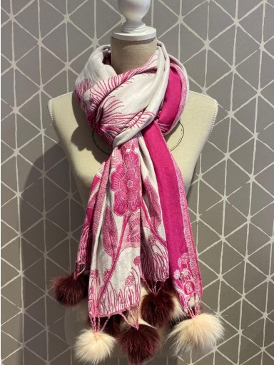 Bufanda cashmere  rosa y blanco con pompones naturales