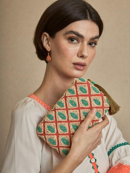 Bolso fiesta Latido coral rafia y cuentas turquesa [1]