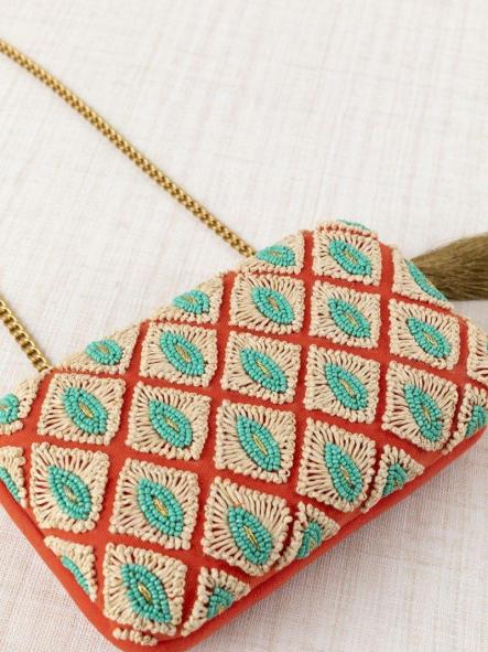 Bolso fiesta Latido coral rafia y cuentas turquesa