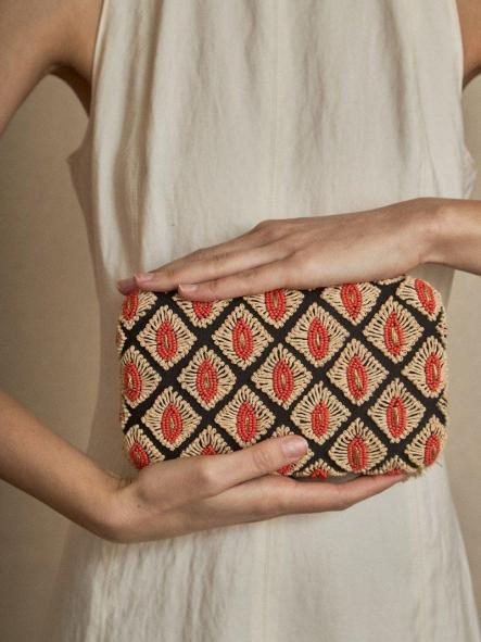 Bolso fiesta Latido negro rafia y cuentas coral [2]