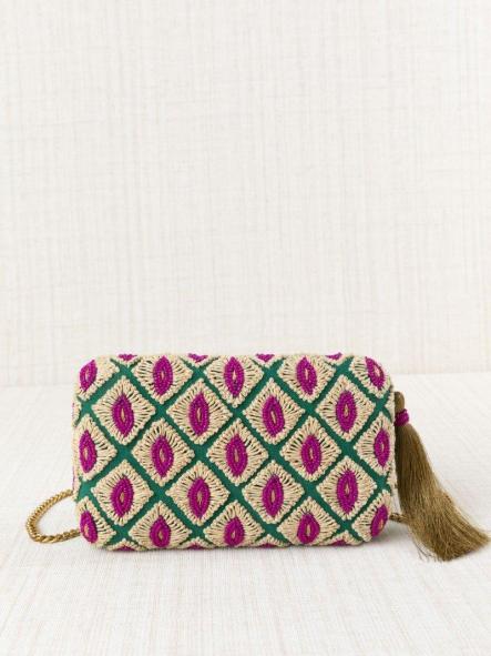 Bolso fiesta Latido verde rafia y cuentas fucsia [1]