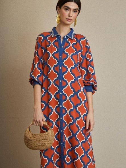 Vestido camisero geométrico naranja y azul [1]