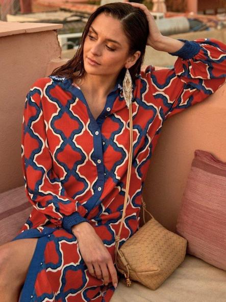 Vestido camisero geométrico naranja y azul [0]