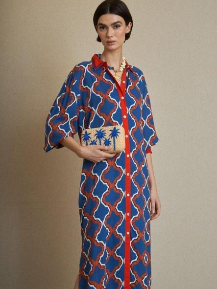 Vestido camisero geométrico azul y naranja