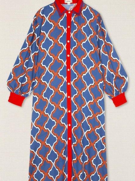 Vestido camisero geométrico azul y naranja [1]