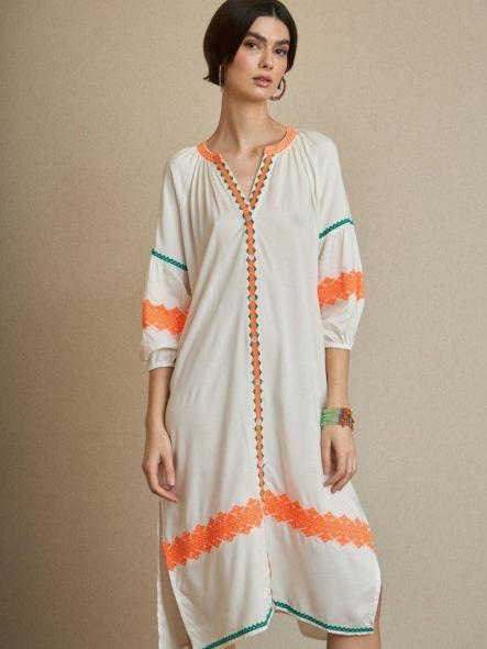 Vestido blanco bordados étnicos naranja y verde  [0]