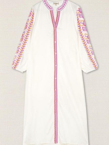 Vestido blanco bordado hojas rosa [1]