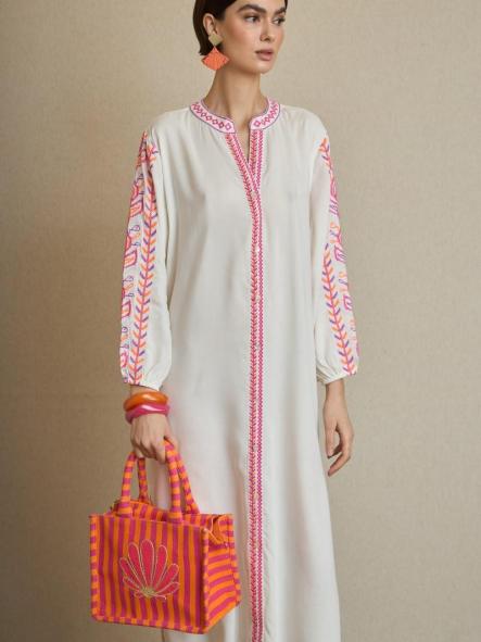 Vestido blanco bordado hojas rosa [0]