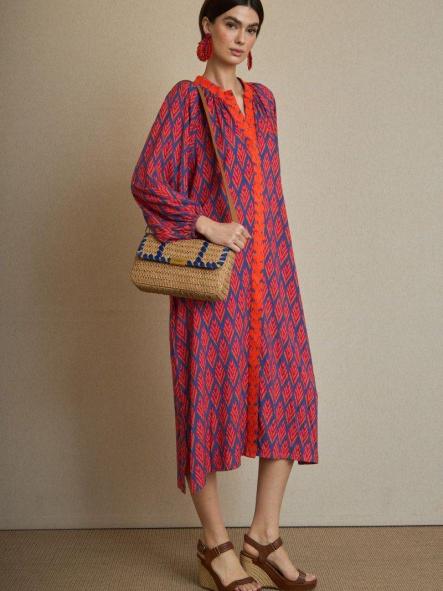 Vestido rombos azul y naranja bordado 