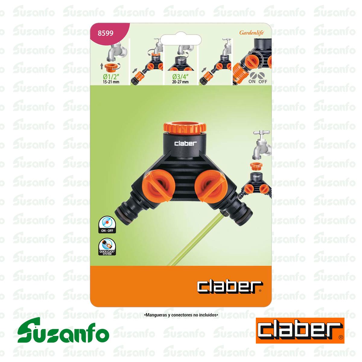 Conector de doble toma Claber 8599 Quick-Click para mangueras