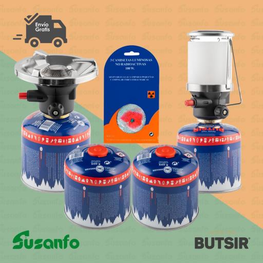 Kit emergencia gas Butsir B-500 | hornillo + lámpara + cartuchos [2]