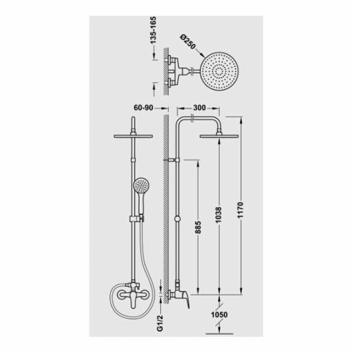 TRES BASE-TRES PLUS - 21619110 - Conjunto de ducha monomando de dos vías, con rociador redondo Ø250mm , soporte deslizante y ducha de mano [1]