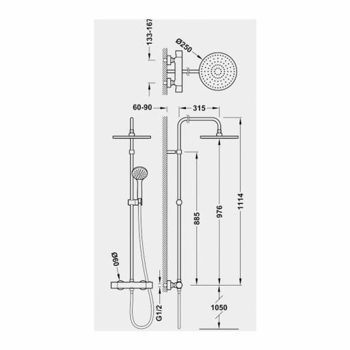 TRES BASE-TRES PLUS  21639301 - Columna termostática de 2 vías, con rociador redondo @250mm. soporte deslizante y ducha de mano [1]