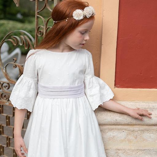 Vestido ceremonia popelín bordado blanco fajín tostado Coco acqua  ref.60414