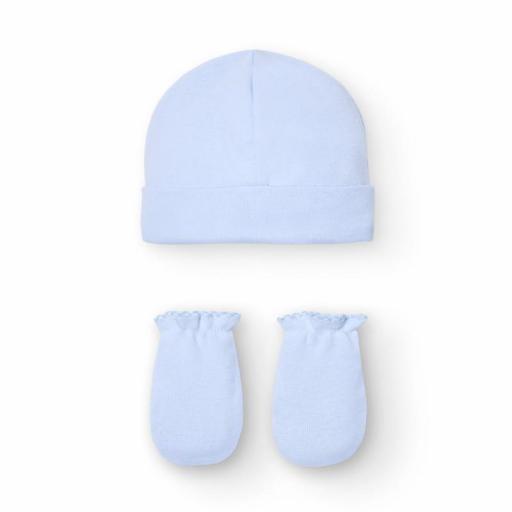 Gorro y manoplas recién nacido algodón azul Babidu ref.9288