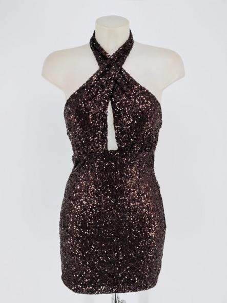 Vestido Mini Pailletes Halter Cruzado Choco [1]