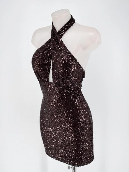 Vestido Mini Pailletes Halter Cruzado Choco