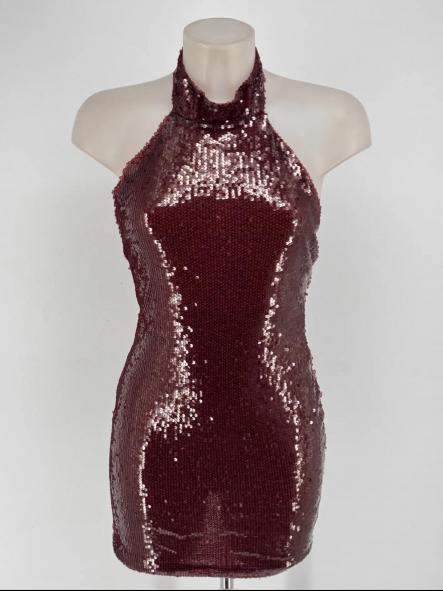 Mini Vestido Pailletes Halter Burdeos