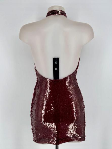 Mini Vestido Pailletes Halter Burdeos [2]
