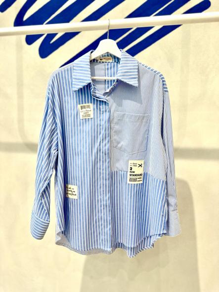  Camisa Azul Rayas Etiquetas