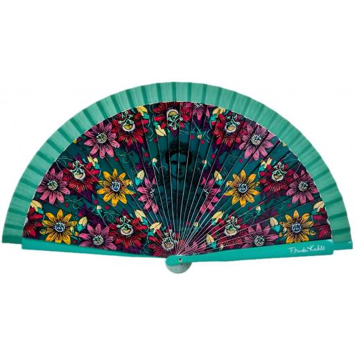 ABANICO DE MADERA Y TELA FLORES VERDE FRIDA KAHLO [0]