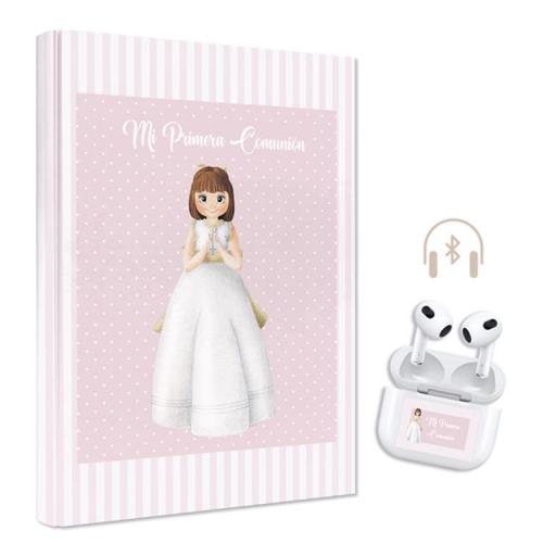 LIBRO DE FIRMAS Y ALBÚM DE FOTOS NIÑA TOPOS PRIMERA COMUNIÓN, CON AURICULARES INALÁMBRICOS DE REGALO