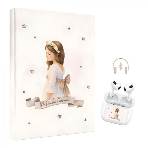 LIBRO DE FIRMAS Y ALBÚM DE FOTOS NIÑA PRIMERA COMUNIÓN, CON AURICULARES INALÁMBRICOS DE REGALO
