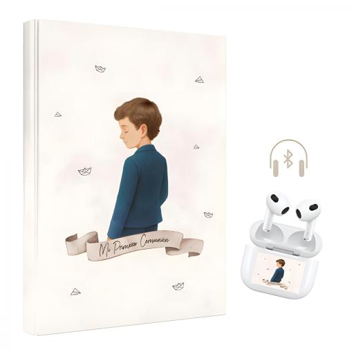 LIBRO DE FIRMAS Y ALBÚM DE FOTOS NIÑO PRIMERA COMUNIÓN, CON AURICULARES INALÁMBRICOS DE REGALO